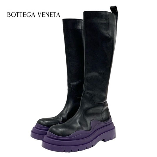 Bottega Veneta Tire Boots Long Boots Shoes Leather Black Purple