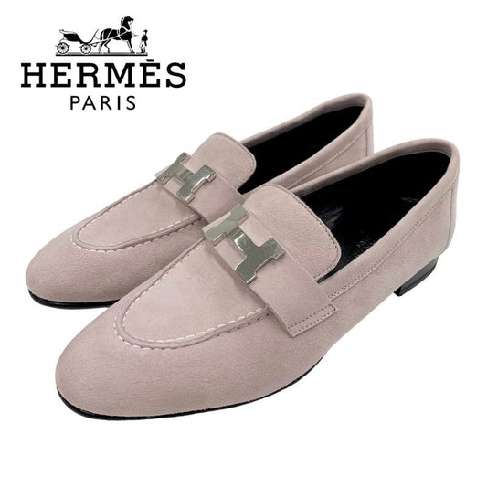 Hermes Paris Loafers Leather Shoes Suede Pink Silver Moccasins Flat Shoes