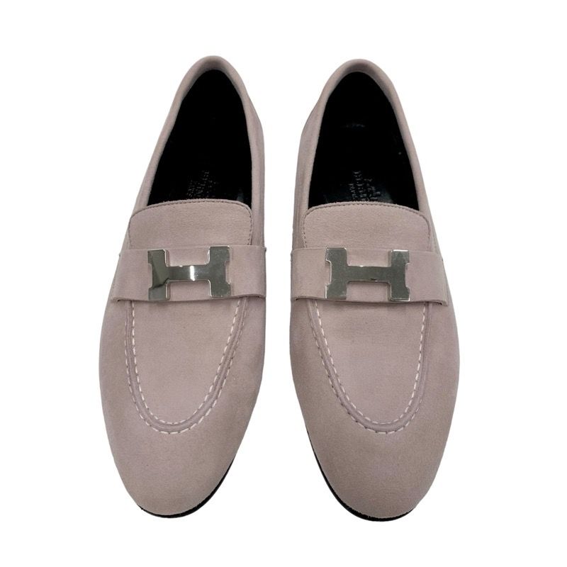 Hermes Paris Loafers Leather Shoes Suede Pink Silver Moccasins Flat Shoes