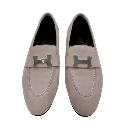 Hermes Paris Loafers Leather Shoes Suede Pink Silver Moccasins Flat Shoes