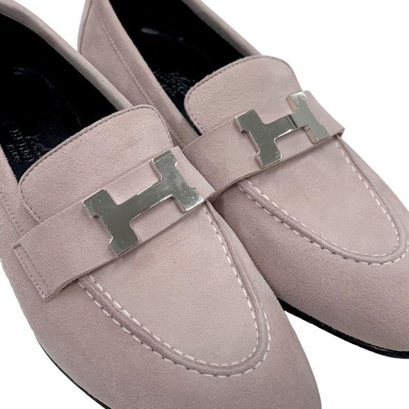 Hermes Paris Loafers Leather Shoes Suede Pink Silver Moccasins Flat Shoes