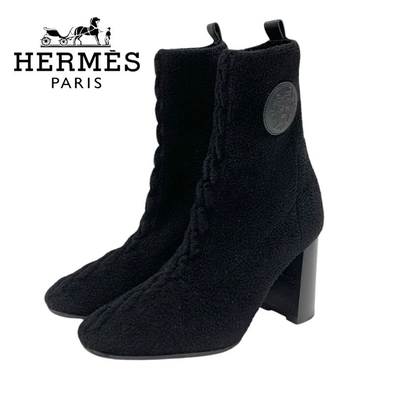 Hermes Jenna Boots Short Boots Shoes Chenille Leather Black Socks Boots