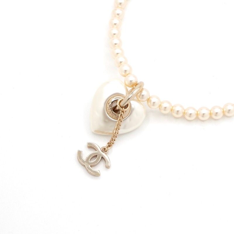Chanel Necklace Pendant Choker White Gold Coco Mark Heart Rhinestone