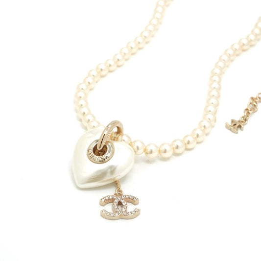Chanel Necklace Pendant Choker White Gold Coco Mark Heart Rhinestone