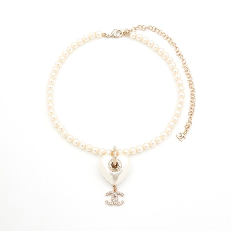 Chanel Necklace Pendant Choker White Gold Coco Mark Heart Rhinestone