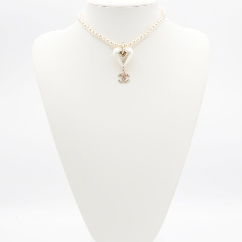 Chanel Necklace Pendant Choker White Gold Coco Mark Heart Rhinestone