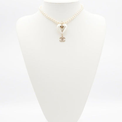 Chanel Necklace Pendant Choker White Gold Coco Mark Heart Rhinestone
