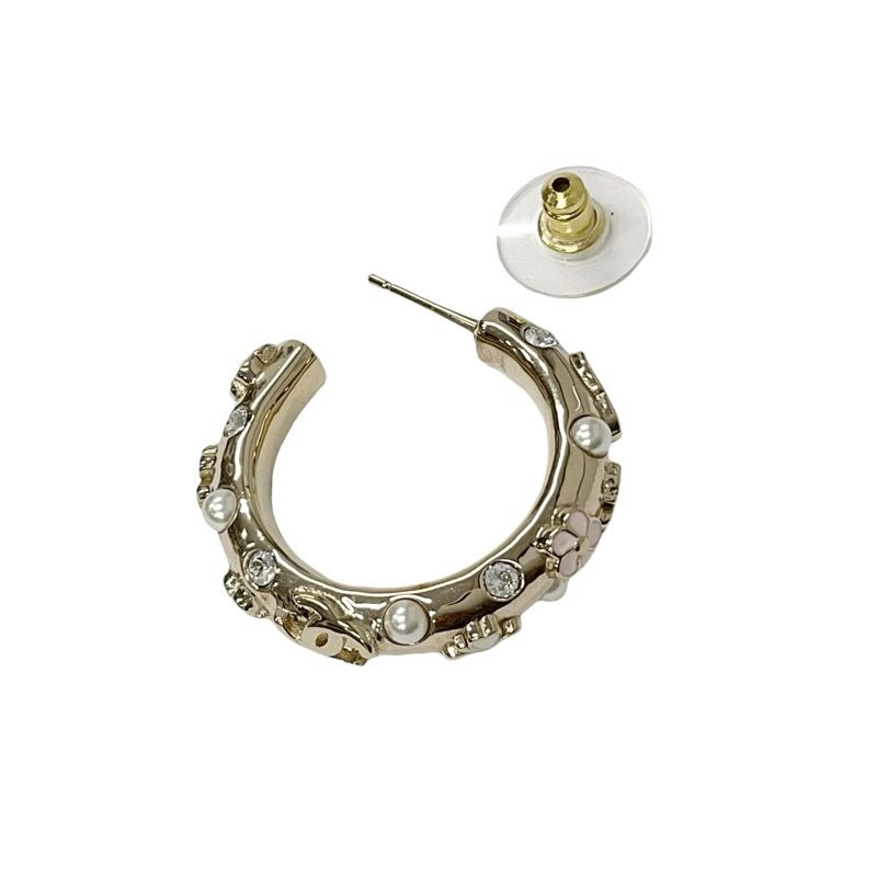 Chanel Earrings Earring Gold White Pink Hoop Coco Mark Flower Rhinestone