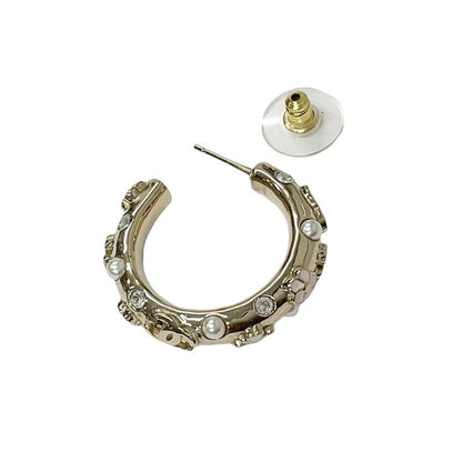 Chanel Earrings Earring Gold White Pink Hoop Coco Mark Flower Rhinestone