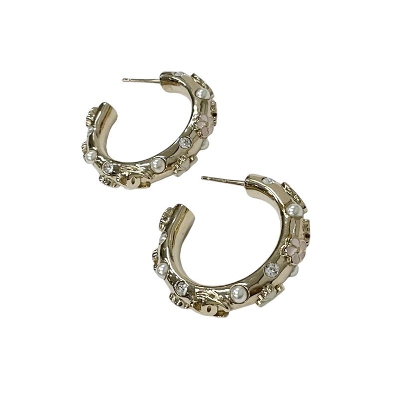 Chanel Earrings Earring Gold White Pink Hoop Coco Mark Flower Rhinestone