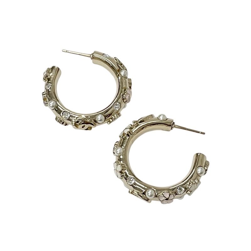 Chanel Earrings Earring Gold White Pink Hoop Coco Mark Flower Rhinestone