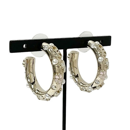 Chanel Earrings Earring Gold White Pink Hoop Coco Mark Flower Rhinestone