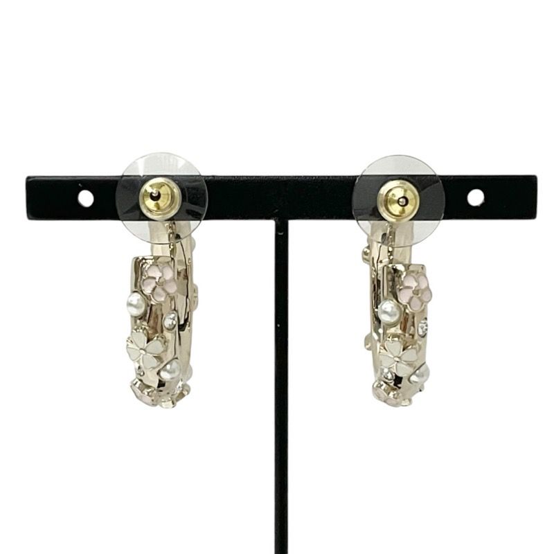 Chanel Earrings Earring Gold White Pink Hoop Coco Mark Flower Rhinestone