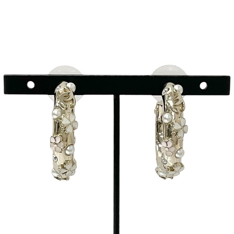 Chanel Earrings Earring Gold White Pink Hoop Coco Mark Flower Rhinestone