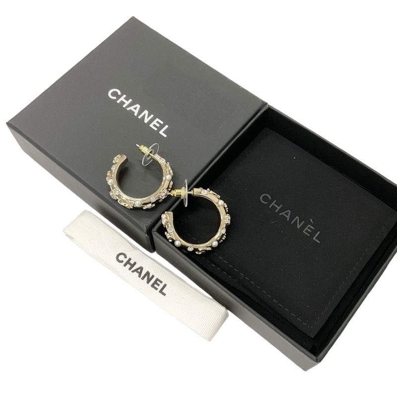 Chanel Earrings Earring Gold White Pink Hoop Coco Mark Flower Rhinestone