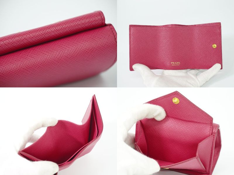 Authentic Prada Saffiano Metal Leather Trifold Fold Wallet Compact Wallet Pink