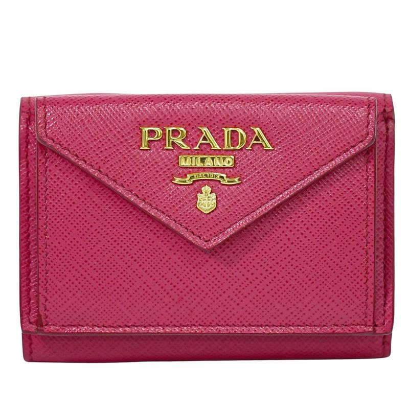 Authentic Prada Saffiano Metal Leather Trifold Fold Wallet Compact Wallet Pink