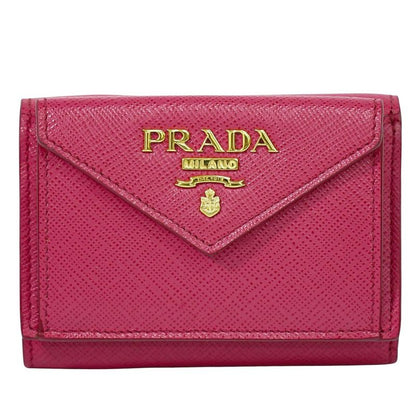 Authentic Prada Saffiano Metal Leather Trifold Fold Wallet Compact Wallet Pink