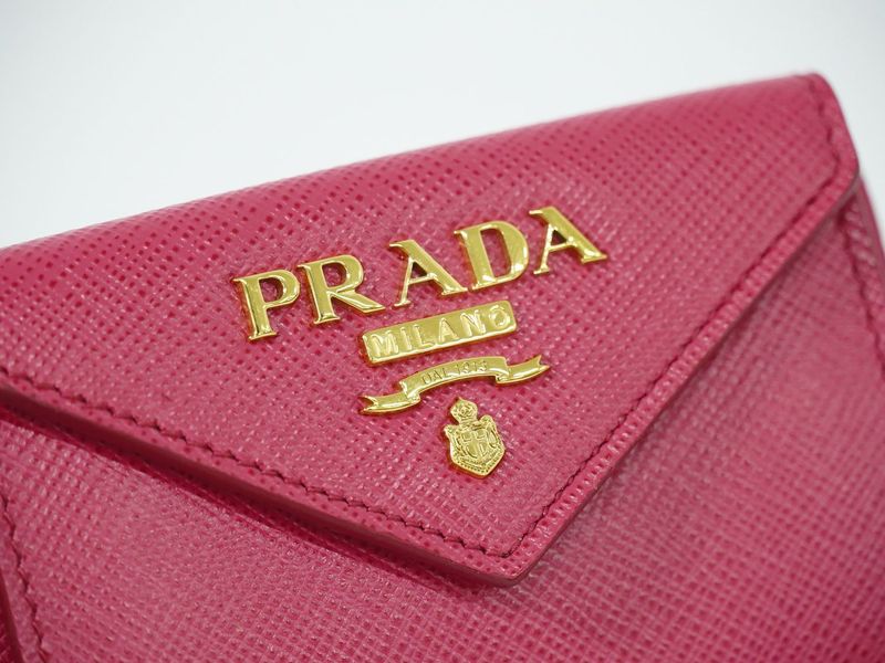 Authentic Prada Saffiano Metal Leather Trifold Fold Wallet Compact Wallet Pink