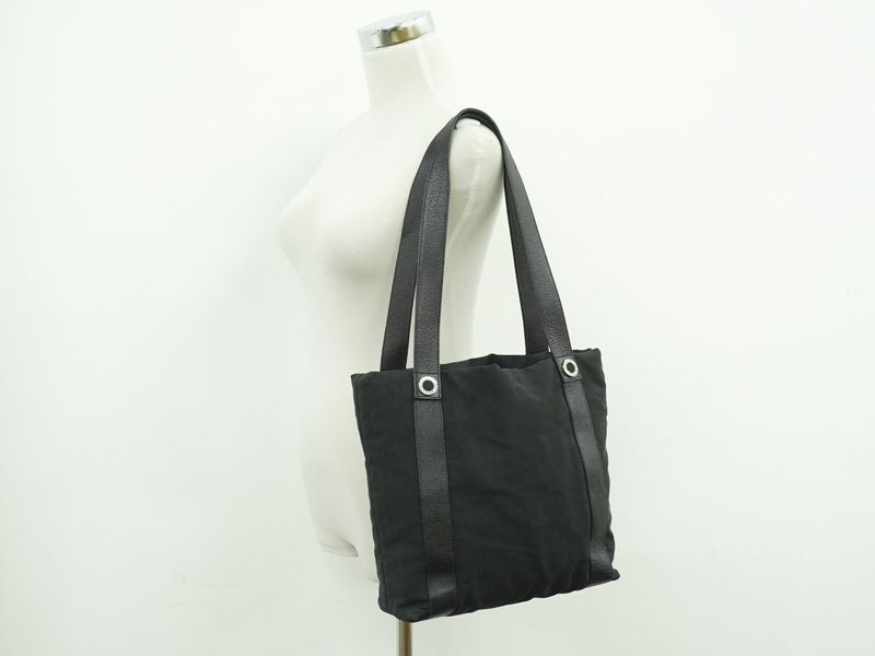 Authentic Bvlgari Logo Mania Shoulder Bag Tote Bag Canvas Black Logo Mania Bag