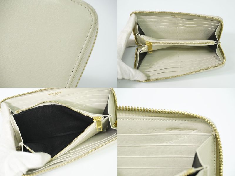 Authentic Saint Laurent Leather Round Zipper Long Wallet Long Wallet Ivory