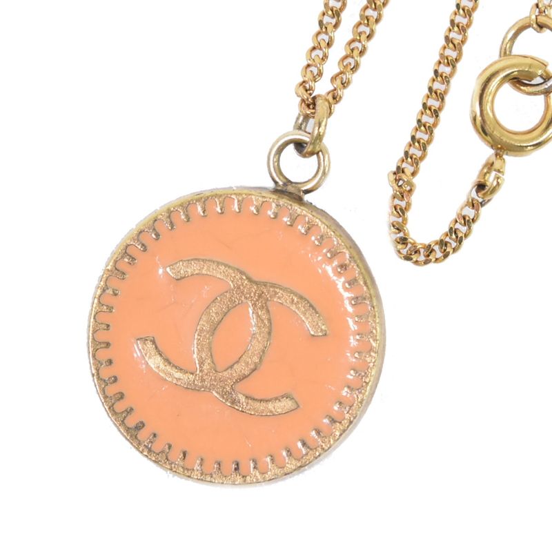 Authentic Chanel Coco Mark Necklace Pendant GP Gold Plated Orange Coco Mark