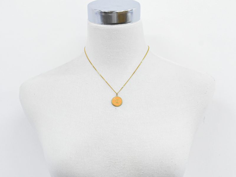 Authentic Chanel Coco Mark Necklace Pendant GP Gold Plated Orange Coco Mark
