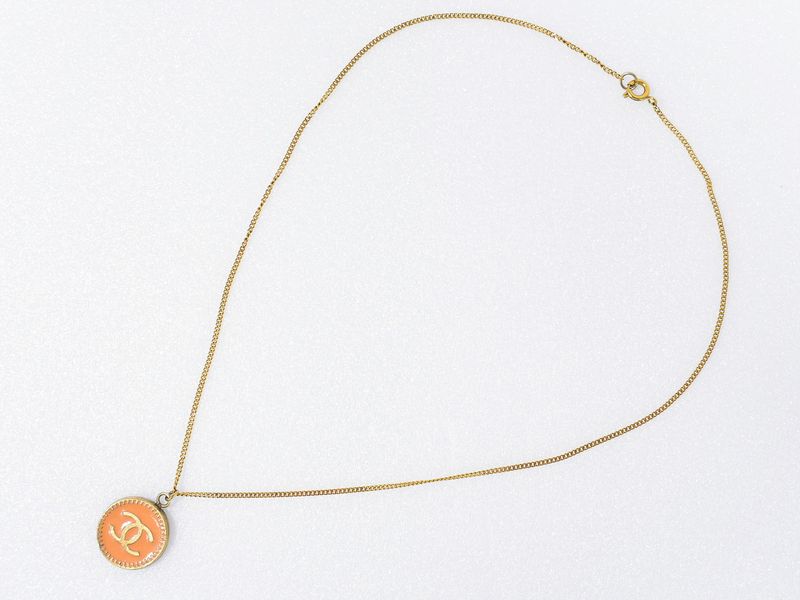 Authentic Chanel Coco Mark Necklace Pendant GP Gold Plated Orange Coco Mark