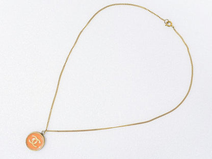 Authentic Chanel Coco Mark Necklace Pendant GP Gold Plated Orange Coco Mark