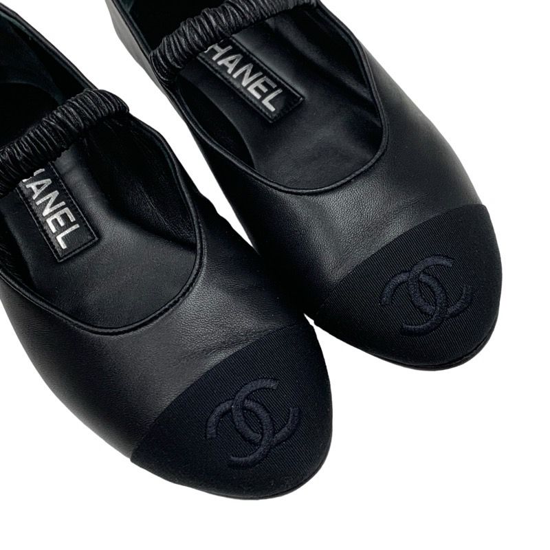Chanel Flat Shoes Leather Fabric Black Mary Jane Here Mark Ballet Shoes