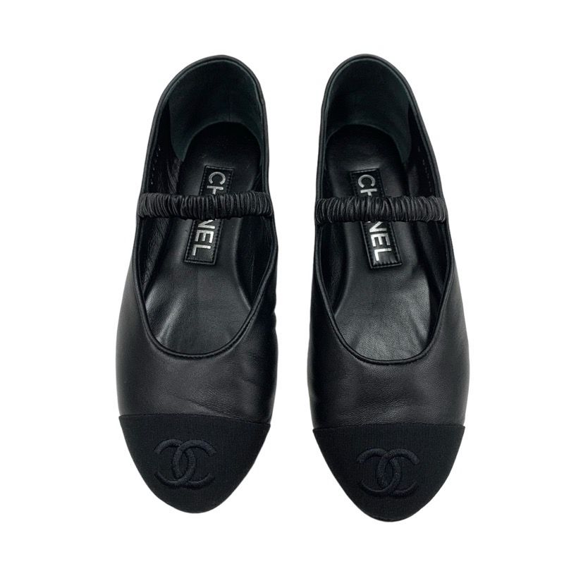 Chanel Flat Shoes Leather Fabric Black Mary Jane Here Mark Ballet Shoes