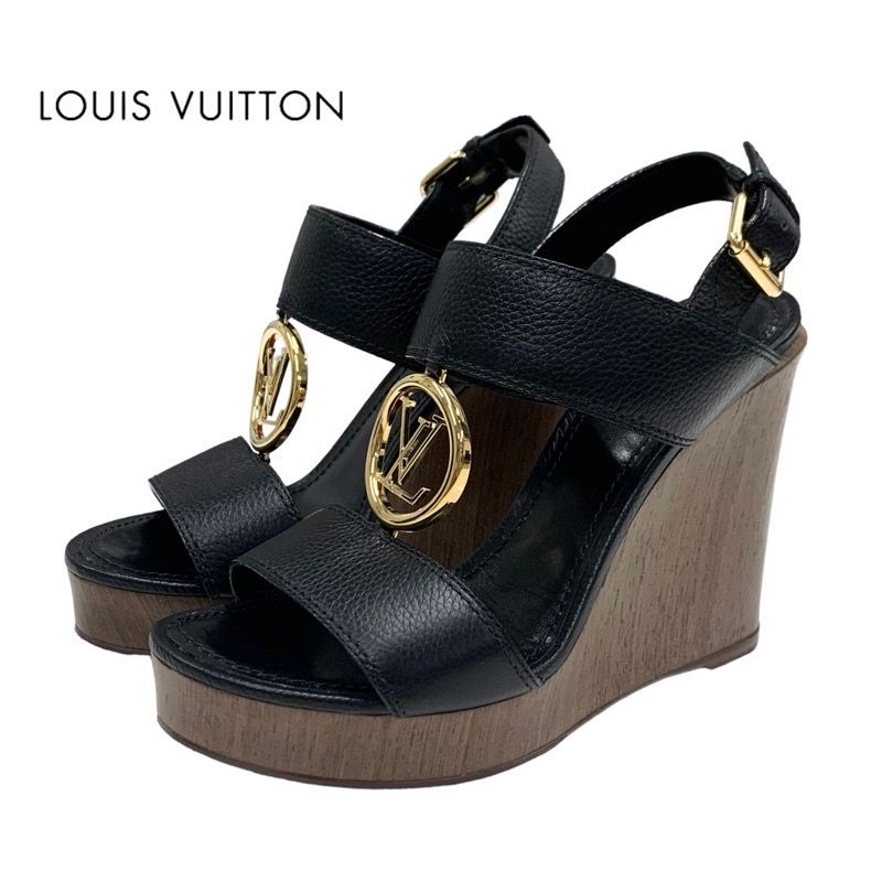 Louis Vuitton Sandals Shoes Leather Wood Black Gold LV Circle Wedge Sole