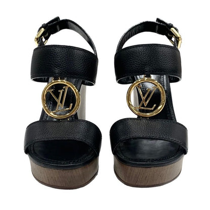 Louis Vuitton Sandals Shoes Leather Wood Black Gold LV Circle Wedge Sole