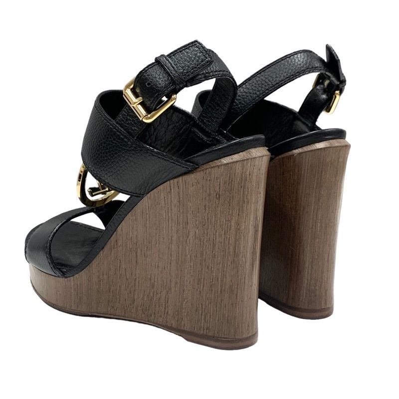 Louis Vuitton Sandals Shoes Leather Wood Black Gold LV Circle Wedge Sole