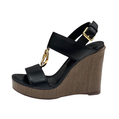 Louis Vuitton Sandals Shoes Leather Wood Black Gold LV Circle Wedge Sole