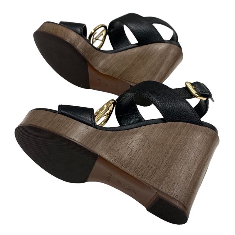 Louis Vuitton Sandals Shoes Leather Wood Black Gold LV Circle Wedge Sole