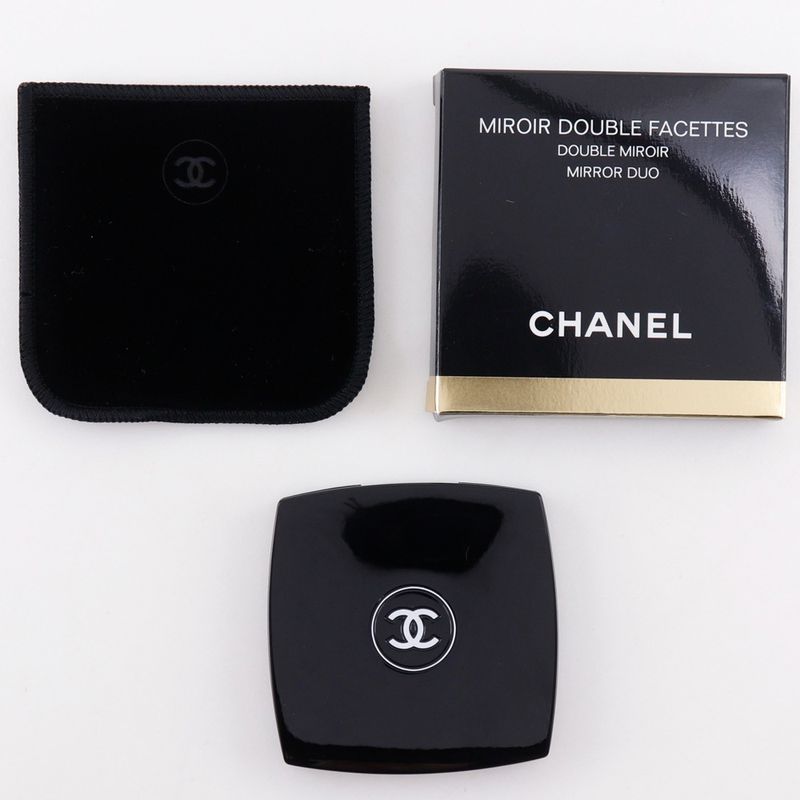 Chanel Coco Mark Double Mirror Miroir Douvre Faceted Plastic Black Ladies Hand
