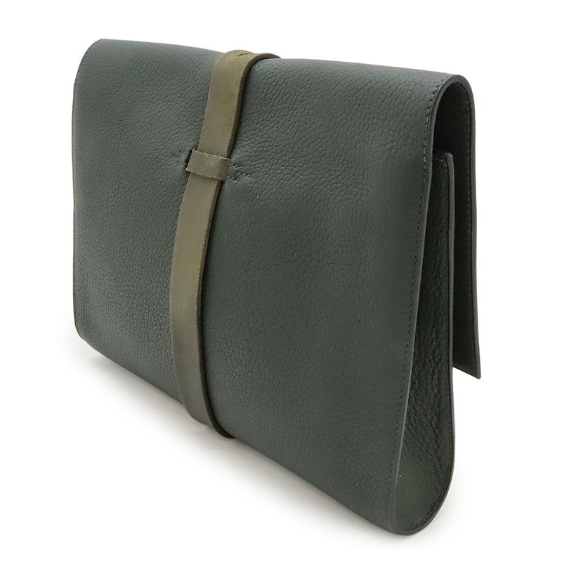 Hermes Ettrivière Clutch Bag Second Bag Fjord Leather Vert Khaki Silver