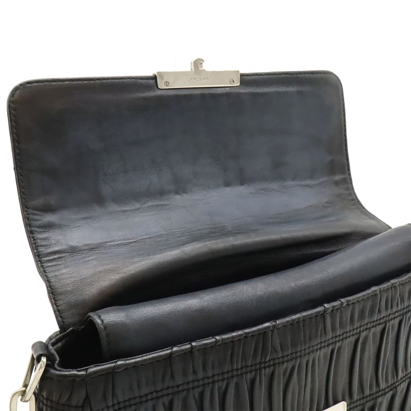 Prada Gathered Chain Shoulder Bag Semi Shoulder Leather NERO Black Silver