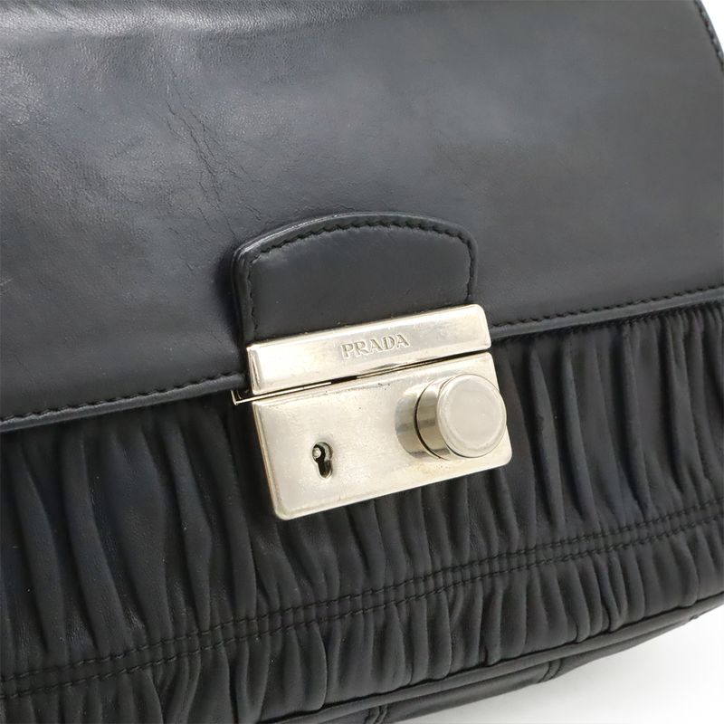 Prada Gathered Chain Shoulder Bag Semi Shoulder Leather NERO Black Silver