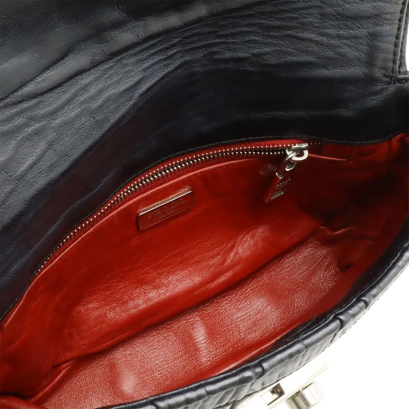 Prada Gathered Chain Shoulder Bag Semi Shoulder Leather NERO Black Silver