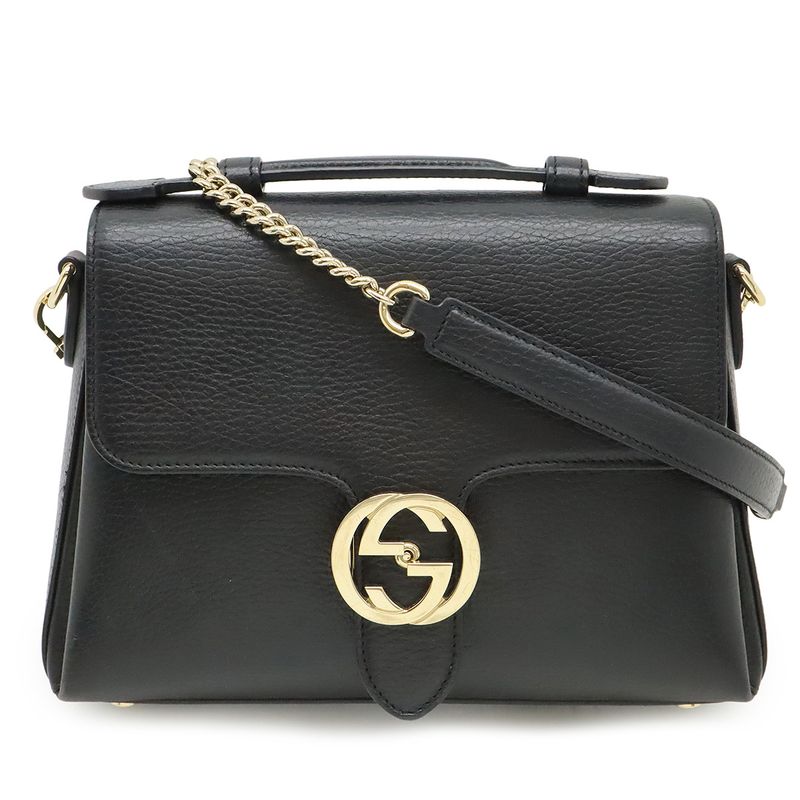 Gucci Interlocking G Handbag 2WAY Chain Shoulder Bag Black Gold Hardware Outlet