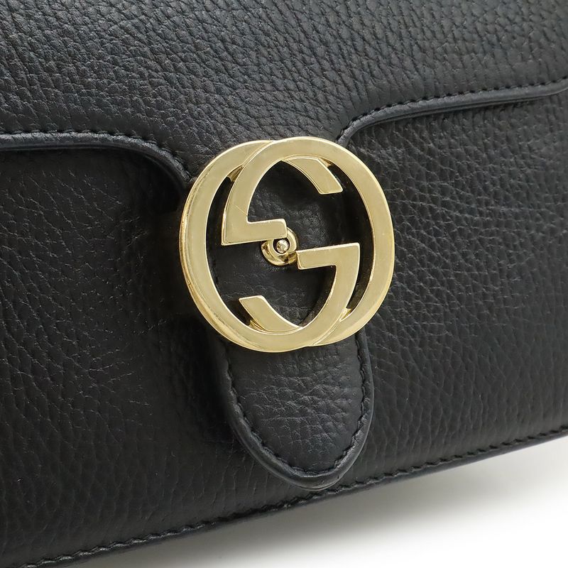 Gucci Interlocking G Chain Bag Shoulder Bag Crossbody Leather Black Gold