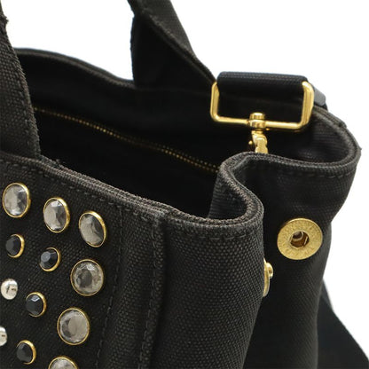 Prada Canapa Tote Bag 2WAY Shoulder Bag Crossbody Bijoux Studded Canvas NERO