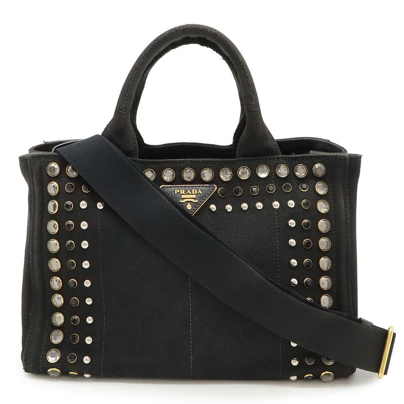 Prada Canapa Tote Bag 2WAY Shoulder Bag Crossbody Bijoux Studded Canvas NERO
