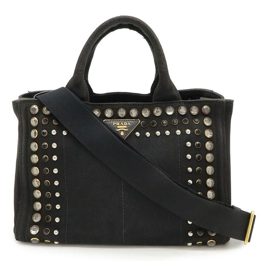 Prada Canapa Tote Bag 2WAY Shoulder Bag Crossbody Bijoux Studded Canvas NERO