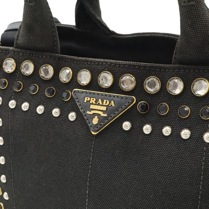 Prada Canapa Tote Bag 2WAY Shoulder Bag Crossbody Bijoux Studded Canvas NERO