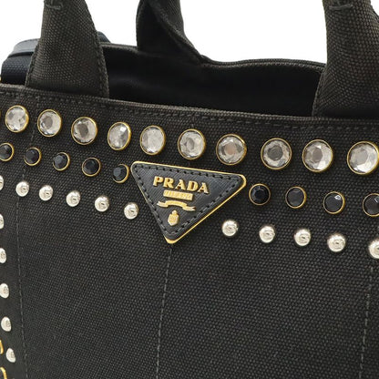 Prada Canapa Tote Bag 2WAY Shoulder Bag Crossbody Bijoux Studded Canvas NERO