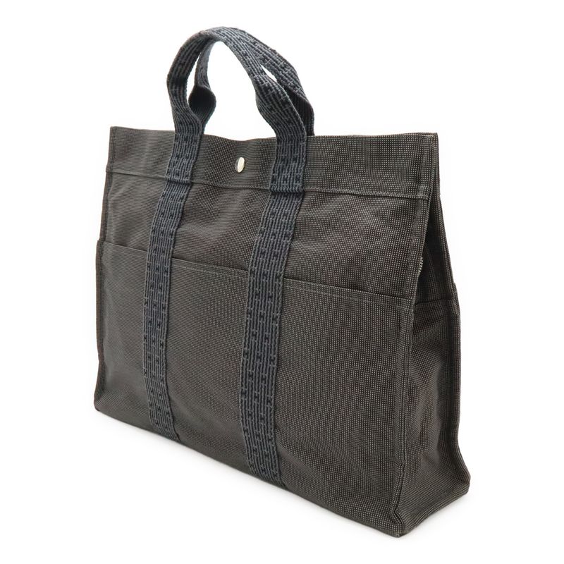 Hermes Her Line Tote MM Tote Handbag Canvas Gray Black Silver Hardware