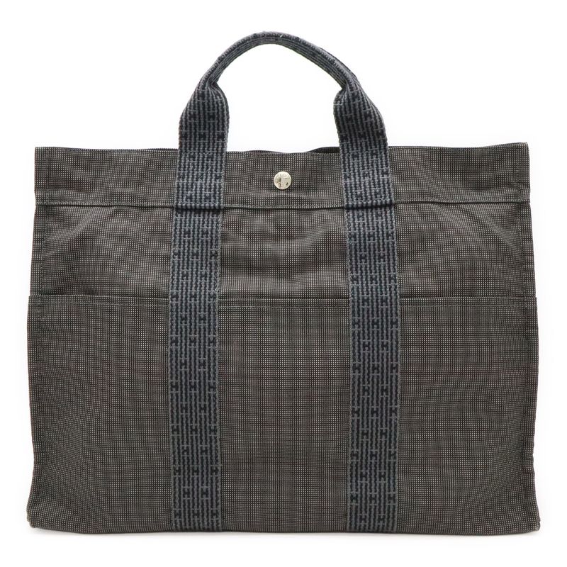 Hermes Her Line Tote MM Tote Handbag Canvas Gray Black Silver Hardware